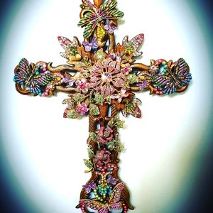 Garden jeweled wall cross, "Secret Garden" handmade decor